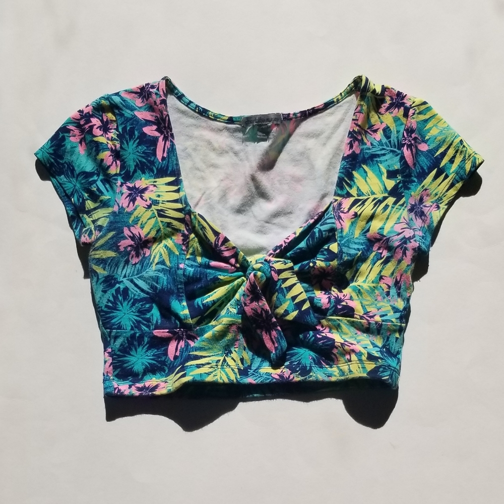 Charlotte Russe Tropical Floral Neon Crop Top Women's Small Tye Front